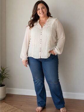 White Stag Cream Lace Button Up Blouse Womens Size 16 Boho Sheer Long Sleeve Top